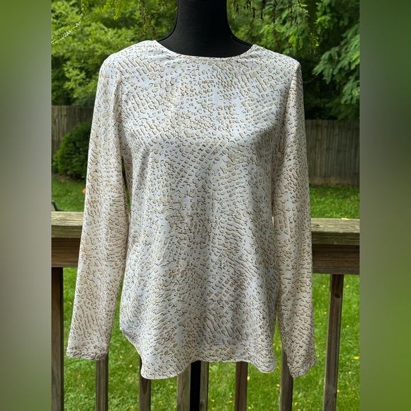White House Black Market Tops - White House Black Market Cream and Gold Silk snake print  Blouse 8 EUC